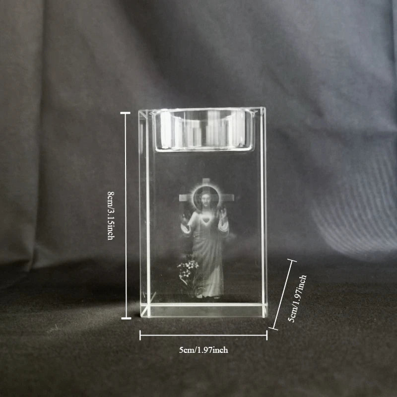 Castiçal de Cristal com Imagem de Jesus e Maria Gravado a Laser