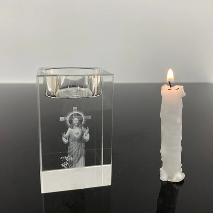 Castiçal de Cristal com Imagem de Jesus e Maria Gravado a Laser
