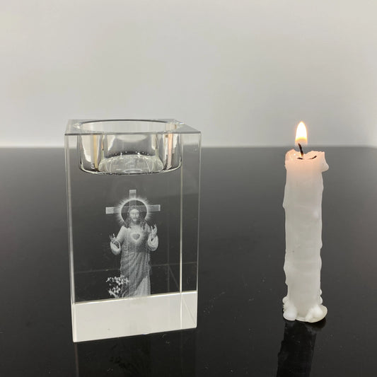 Castiçal de Vela de Vidro com Imagem de Sagrado Coração de Jesus Gravado a Laser