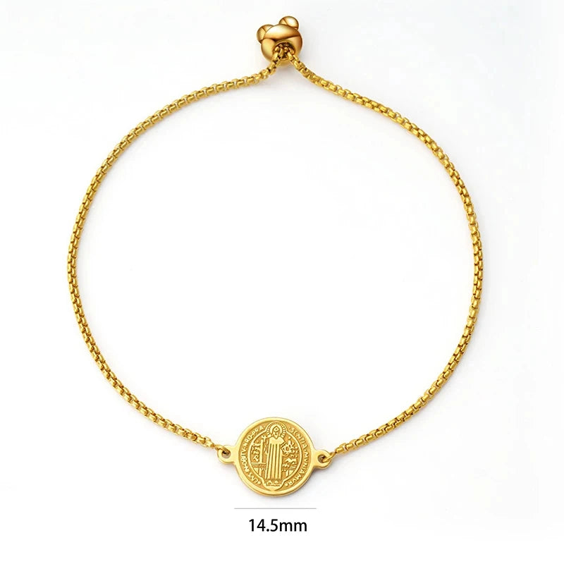 Pulseira Medalha São Bento em Aço Inoxidável Ajustável