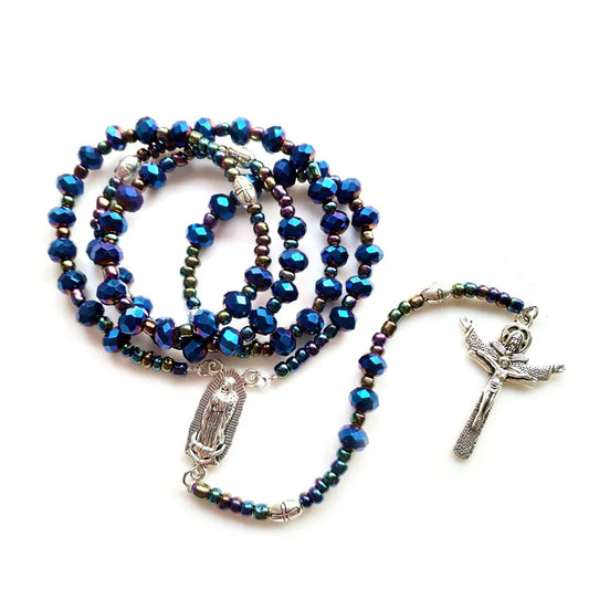 Terço Nossa Senhora de Guadalupe com Contas de Cristais Azuis