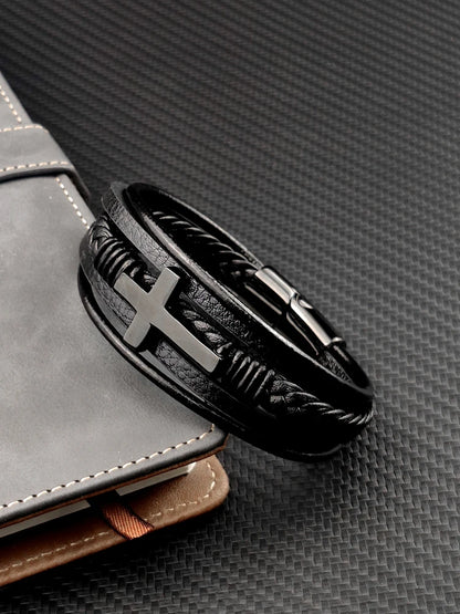 Pulseira Masculina de Couro com Cruz 