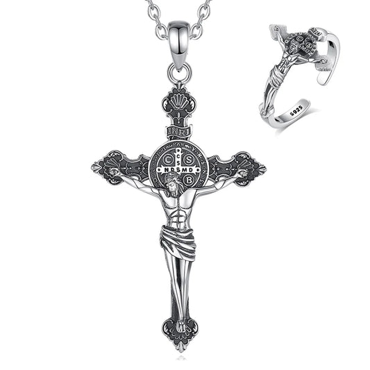 Conjunto Anel e Colar Cruz de São Bento em Prata 925