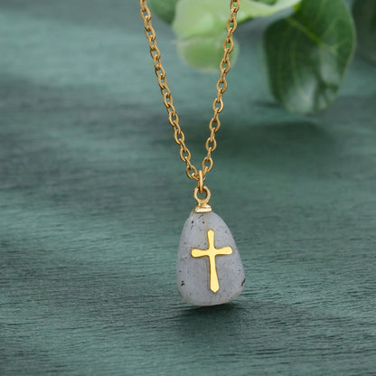 Colar Cruz de Pedra Natural em Aço Inoxidável