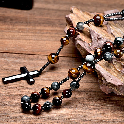 Terço com Pedra Olho de Tigre e Cruz de Hematita