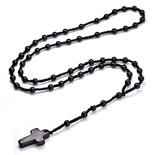 Conjunto Terço Masculino Preto Minimalista e Pulseira de Cruz Modelo Ágata Negra