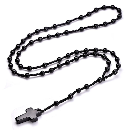 Conjunto Terço Masculino Preto Minimalista e Pulseira de Cruz Modelo Ágata Negra