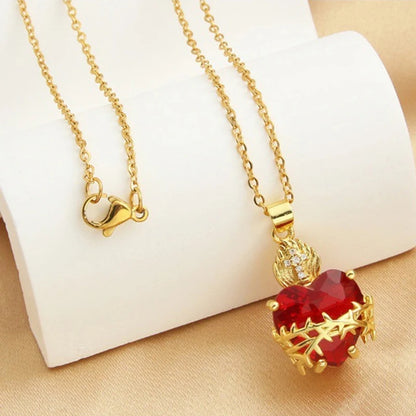 Colar Feminino Sagrado Coração de Jesus com Zircão Vermelho