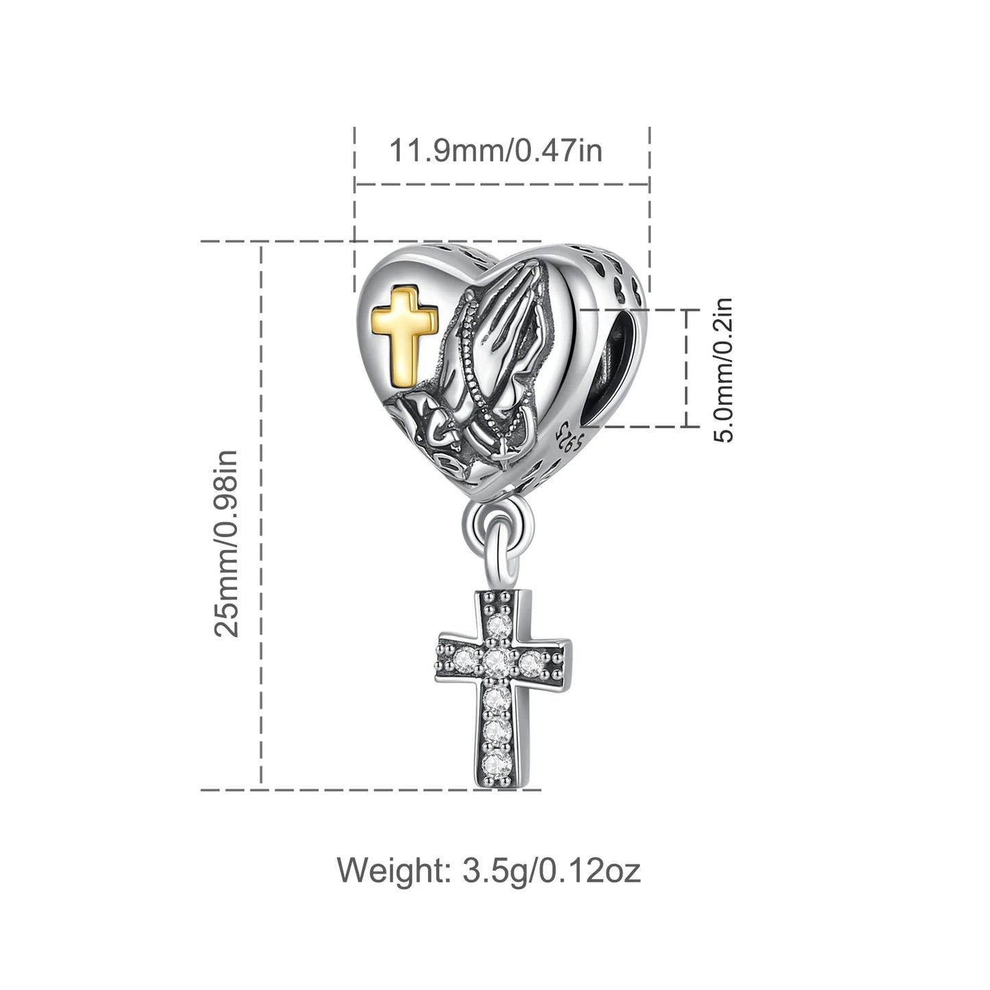 Berloque Cruz Prata Esterlina 925 com Mãos em Oração
