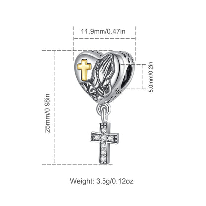 Berloque Cruz Prata Esterlina 925 com Mãos em Oração