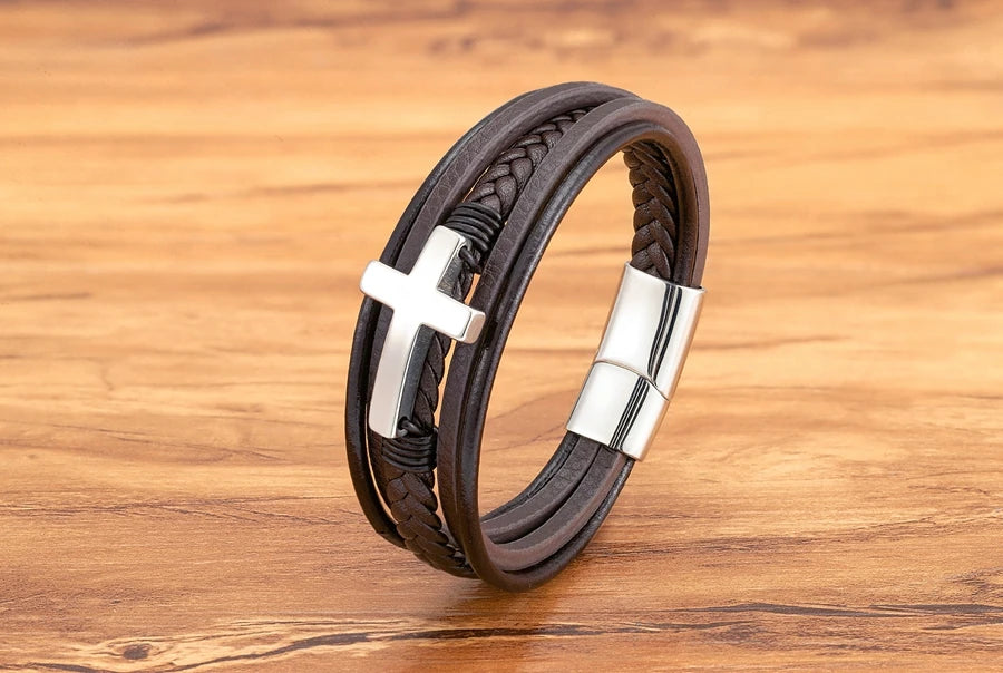 Pulseira Masculina de Couro com Cruz