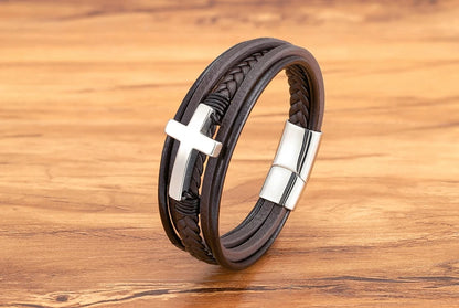 Pulseira Masculina de Couro com Cruz