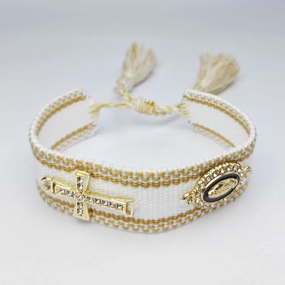 Pulseira de Corda Trançada com Cruz e Nossa Senhora de Guadalupe - Elegância e Fé