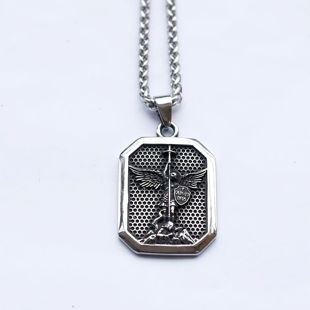 Colar Masculino Prateado Octogonal São Miguel em Aço Inoxidável