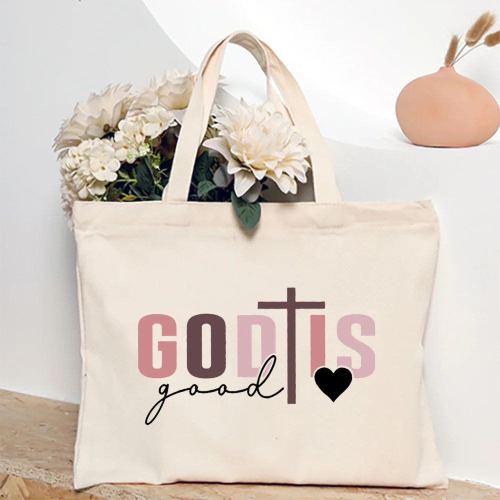 Bolsa Feminina de Lona com Estampa Cristã e Zíper