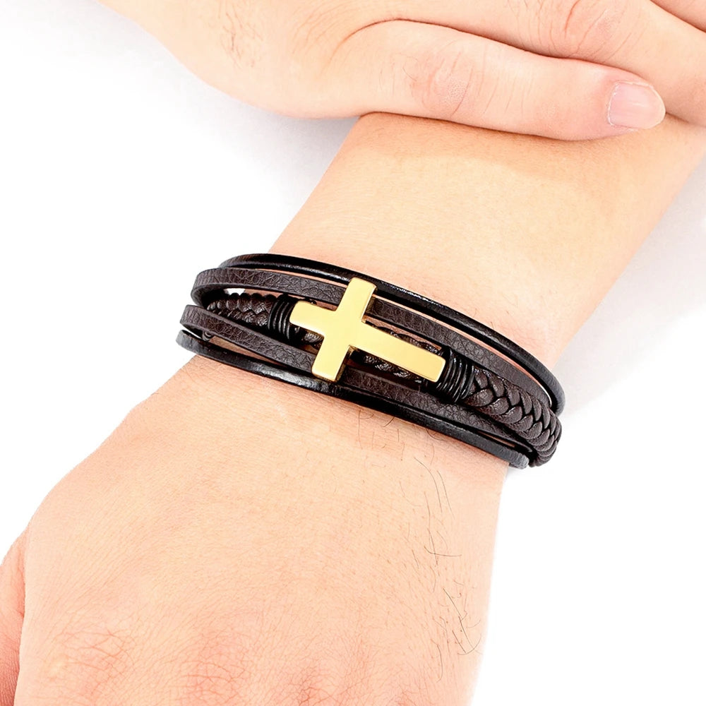 Pulseira Masculina de Couro com Cruz