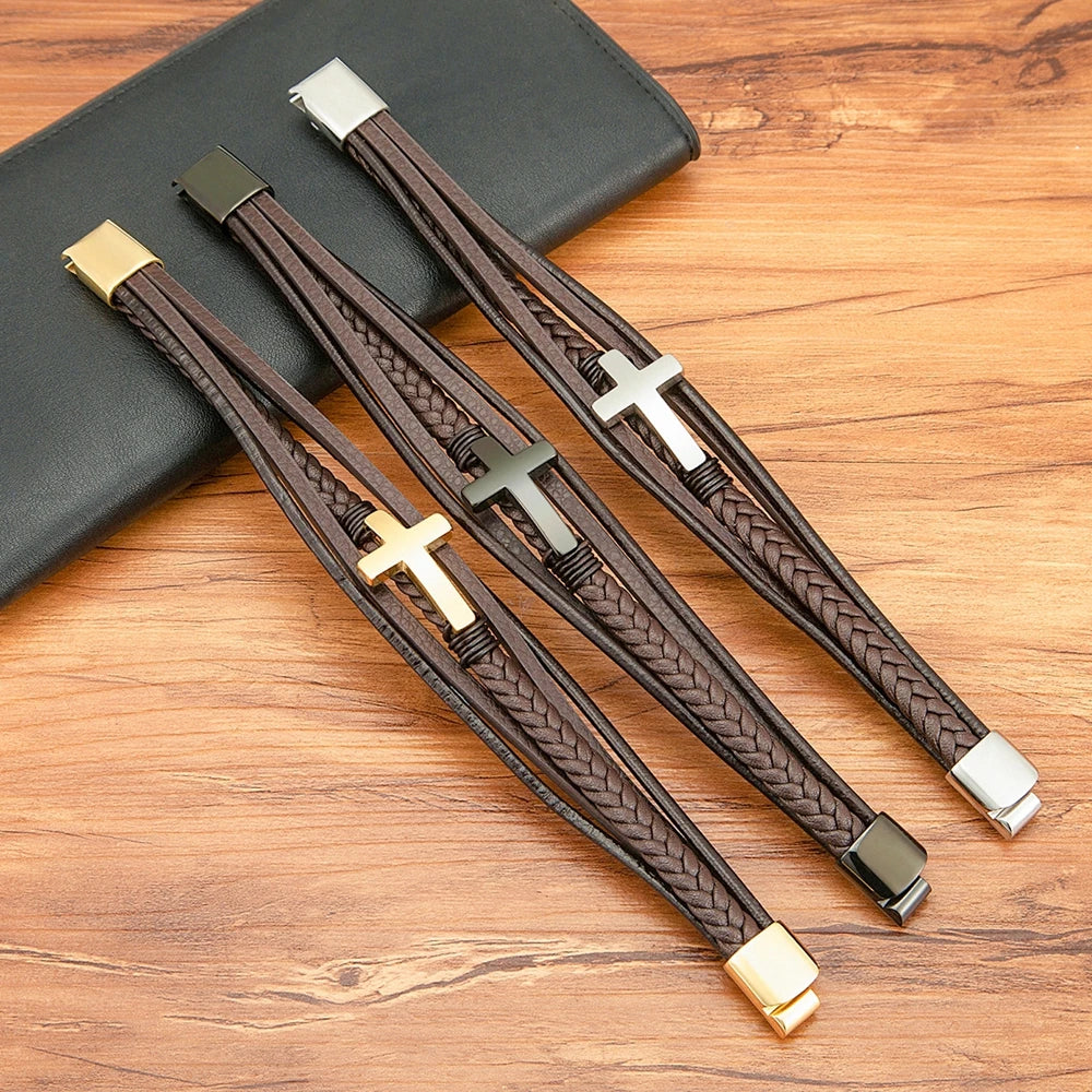 Pulseira Masculina de Couro com Cruz