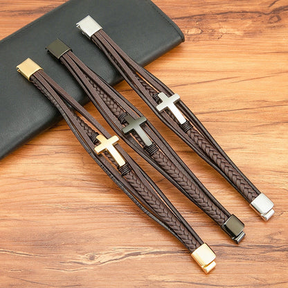 Pulseira Masculina de Couro com Cruz