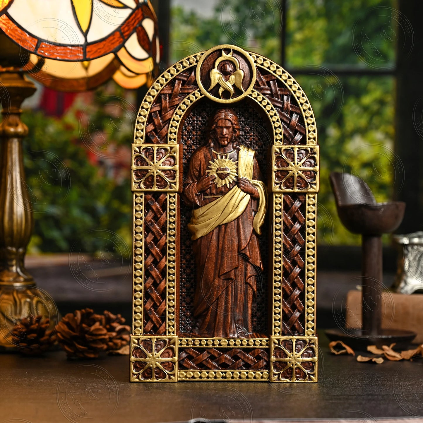 Escultura de Madeira Sagrado Coração de Jesus para Decoração de Mesa