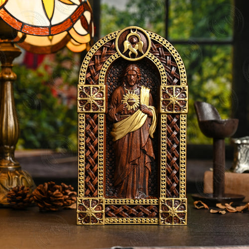 Escultura de Madeira Sagrado Coração de Jesus para Decoração de Mesa