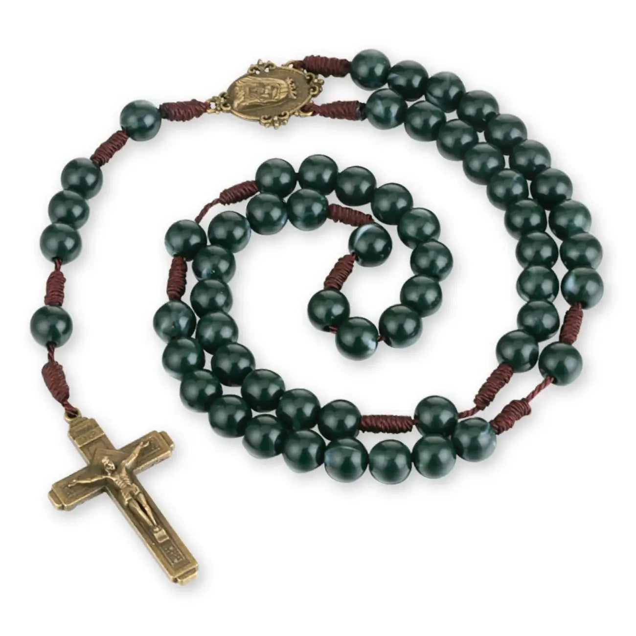 Algodão Imaculado Coração de Maria Ore por Nós Medalha, Cor Bronze Crucifixo Pingente de Jóias Cruz, Corrente Grânulo Verde, Colar Rosário