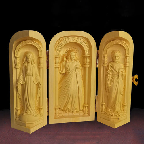 Tríptico em Madeira Jesus Misericordioso Nossa Senhora e São José