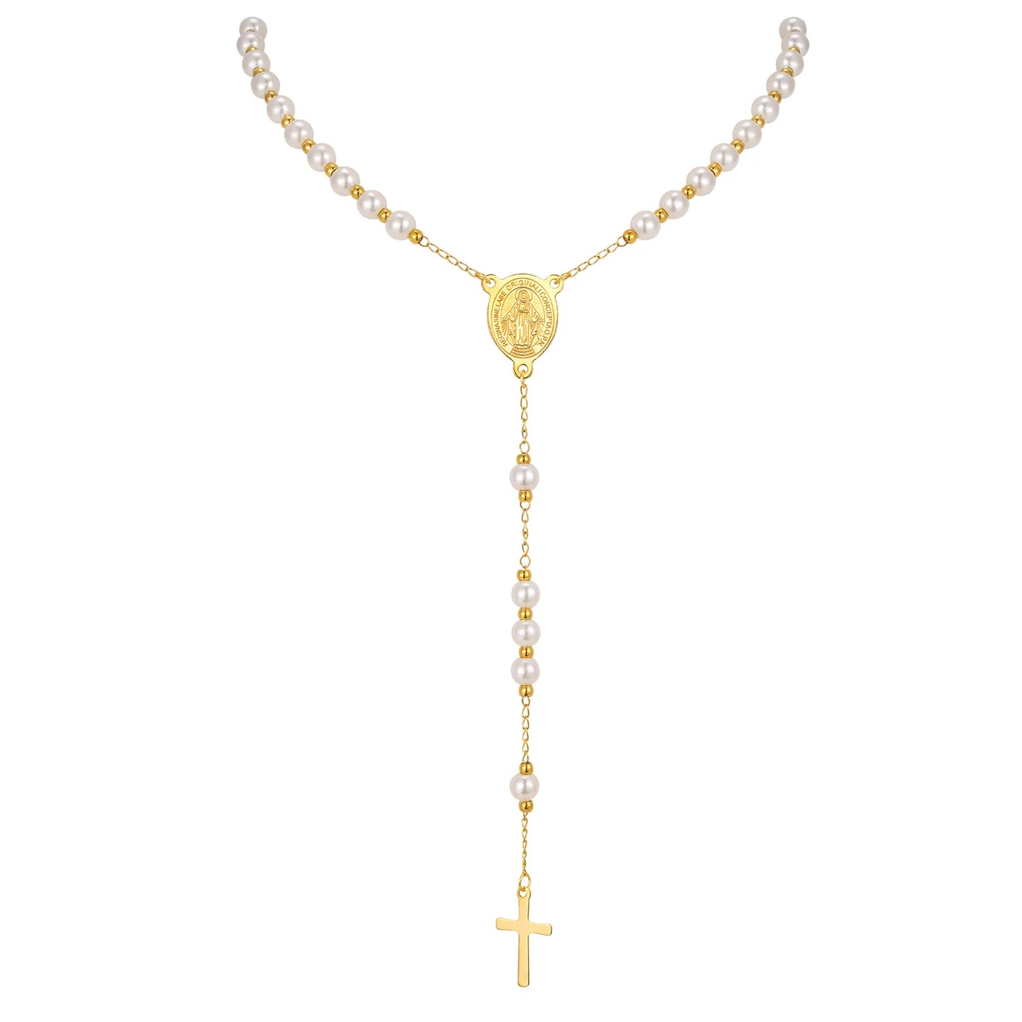 Colar Terço com Pérolas de Acrílico Banhado a Ouro 18k