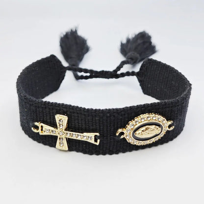 Pulseira de Corda Trançada com Cruz e Nossa Senhora de Guadalupe - Elegância e Fé