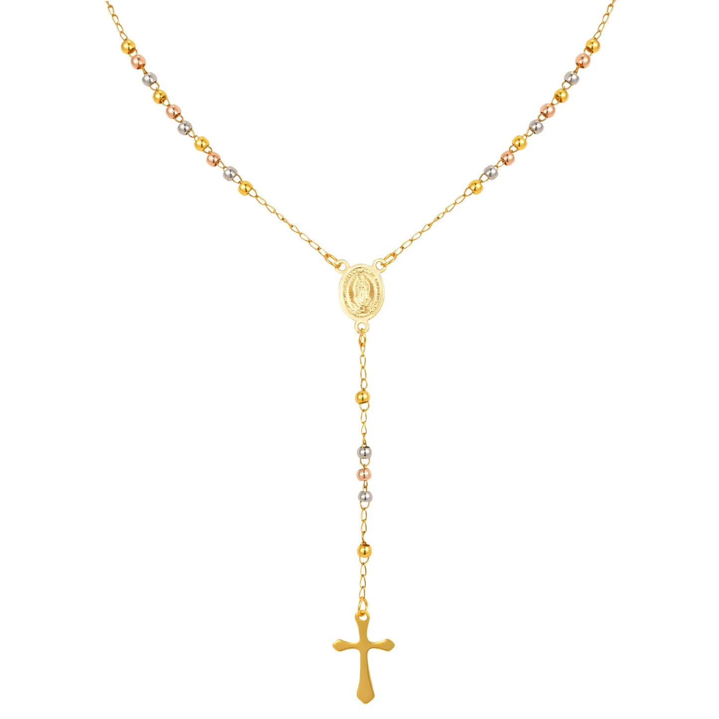 Colar Terço de Três Tons com Pingente de Cruz