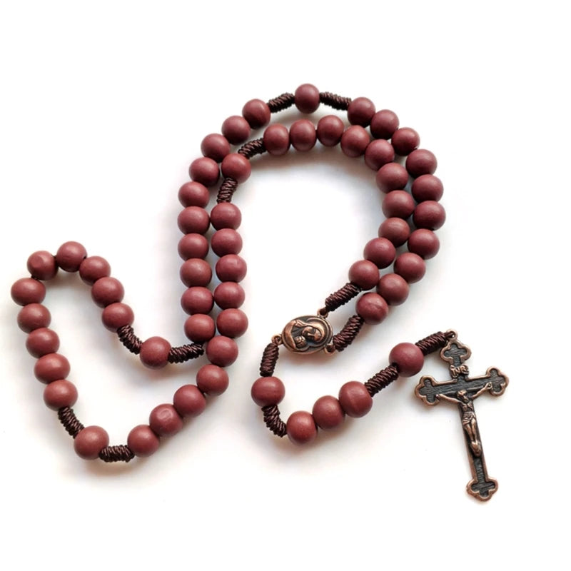 Terço Pequeno de Madeira Vermelho e Bronze