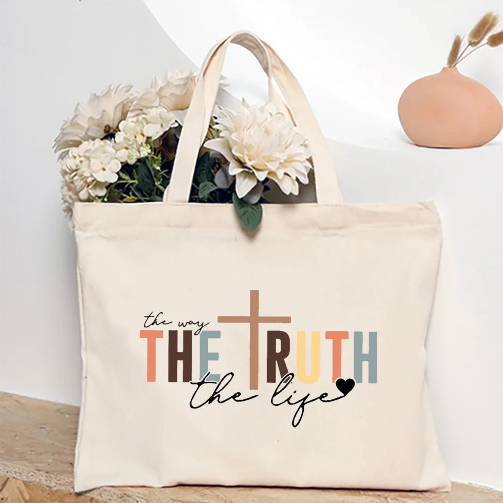 Bolsa Feminina de Lona com Estampa Cristã e Zíper