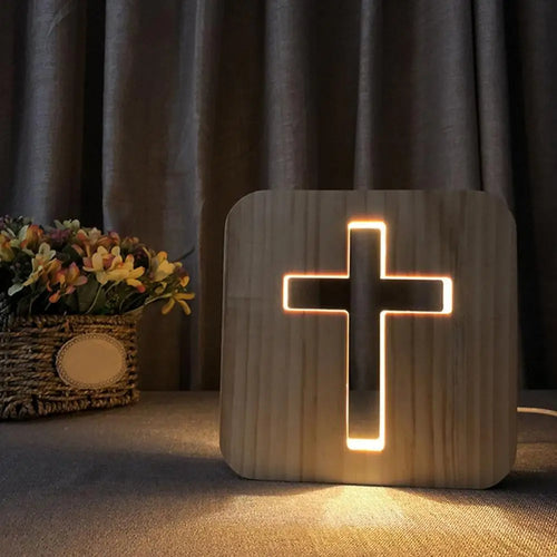 Luminária de Mesa Cruz 3D em Madeira com LED USB