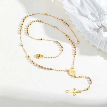 Colar Terço de Três Tons com Pingente de Cruz