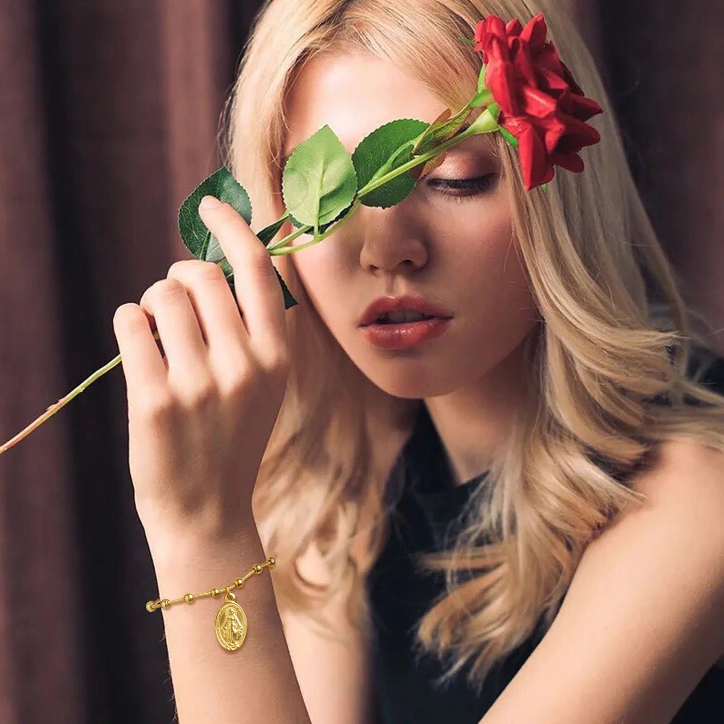 Vnox-Pulseira de Rosário Banhado a Ouro para Mulheres e Meninas, Aço Inoxidável, Cruz Religiosa, Virgem Maria, Pulseiras de Oração, Presentes