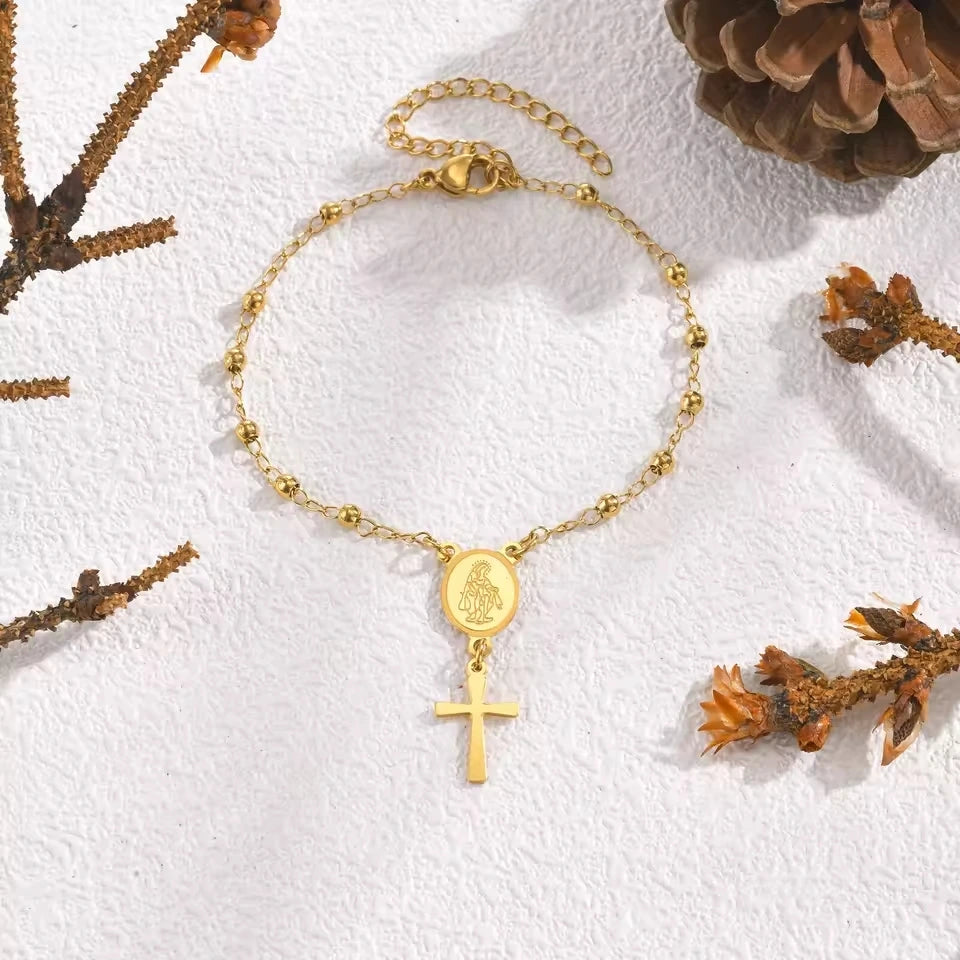 Pulseira Rosário Banhada a Ouro com Cruz e Medalha Milagrosa