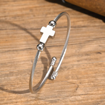 Pulseira Feminina de Aço Inoxidável com Cruz