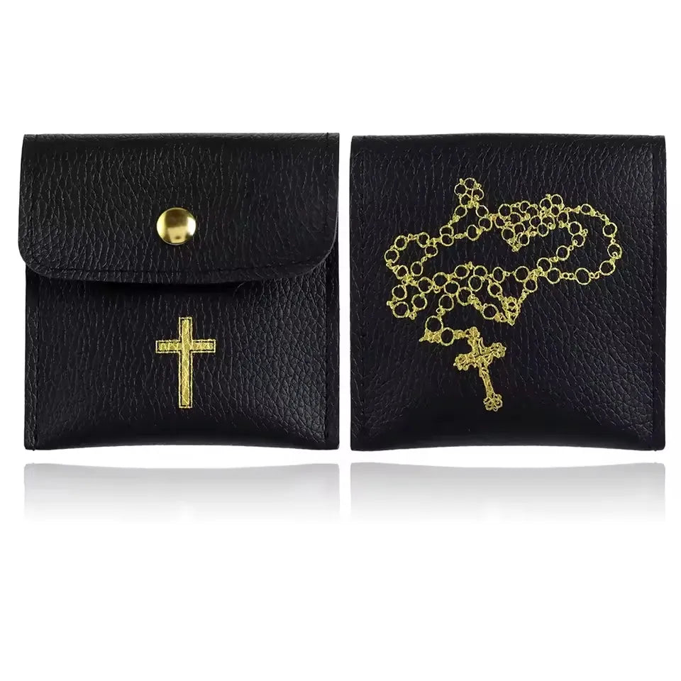 Bolsa Porta Terço em Couro com Cruz Dourada