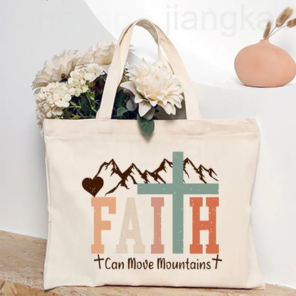 Bolsa Feminina de Lona com Estampa Cristã e Zíper