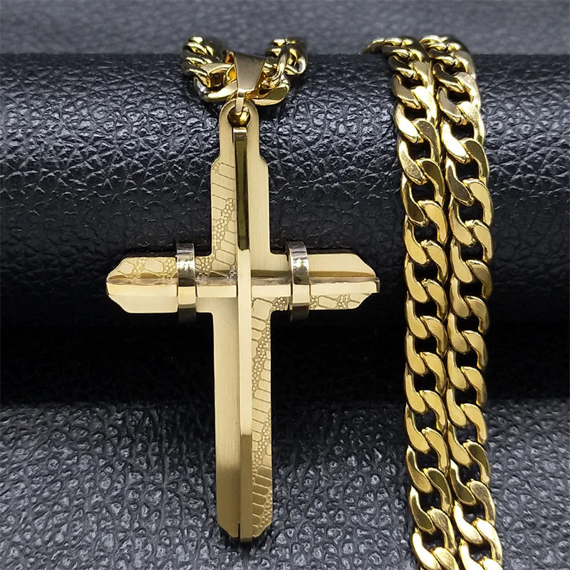 Colar cruzado longo para homens e mulheres, colares cristãos banhados a ouro, joias motociclistas, aço inoxidável masculino, N2341S03