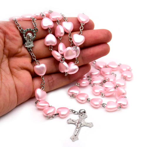Terço Rosa com Contas de Coração