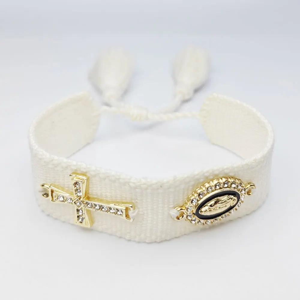 Pulseira de Corda Trançada com Cruz e Nossa Senhora de Guadalupe - Elegância e Fé