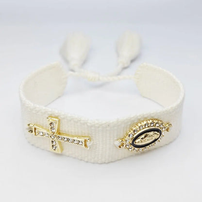 Pulseira de Corda Trançada com Cruz e Nossa Senhora de Guadalupe - Elegância e Fé