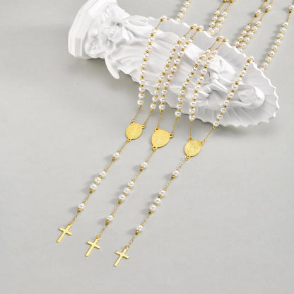 Colar Terço com Pérolas de Acrílico Banhado a Ouro 18k