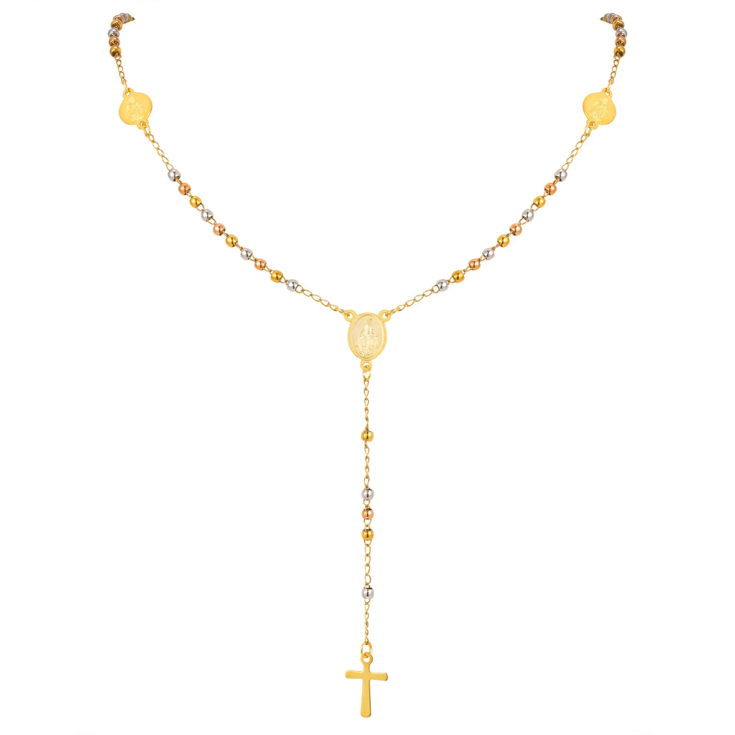 Colar Terço de Três Tons com Pingente de Cruz
