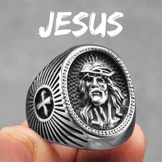 Anel Masculino Prateado Jesus em Aço Inoxidável 316L