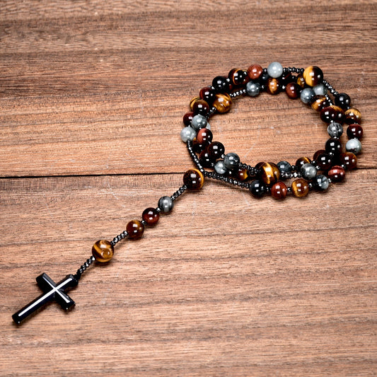 Terço com Pedra Olho de Tigre e Cruz de Hematita