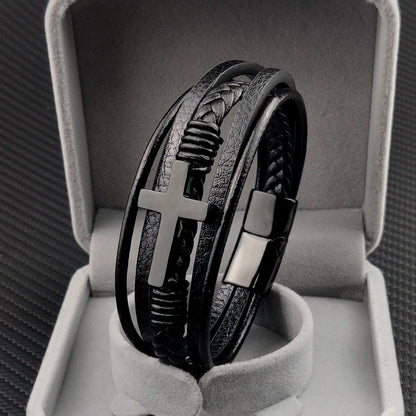 Pulseira Masculina de Couro com Cruz 