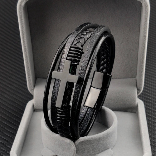 Pulseira Masculina de Couro com Cruz 