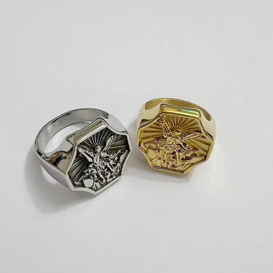 Anel Masculino Octogonal Arcanjo São Miguel em Aço Inoxidável e Titânio
