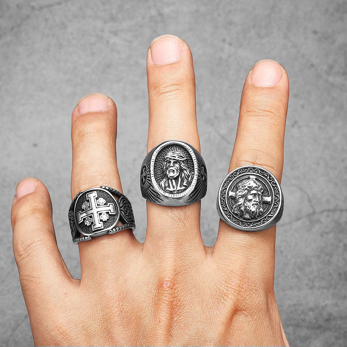 Anel Cruz de Jerusalém de Aço Inoxidável